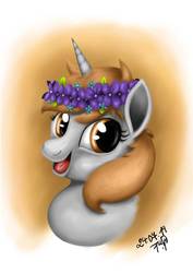Size: 752x1063 | Tagged: safe, artist:alopejack, oc, oc only, oc:dorm pony, pony, unicorn, bust, female, floral head wreath, flower, flower in hair, happy, mare, portrait, signature