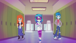 Size: 1280x720 | Tagged: safe, screencap, dj pon-3, golden hazel, thunderbass, vinyl scratch, equestria girls, g4, music to my ears, my little pony equestria girls: rainbow rocks, background human, boots, canterlot high, clothes, dress, female, hallway, lockers, pants, shoes, smiling, sneakers