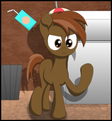 Size: 2000x2160 | Tagged: safe, artist:php124, button mash, earth pony, pony, g4, angry, high res, juice, juice box, male, refrigerator, solo, trash can