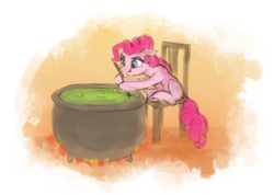 Size: 2931x2089 | Tagged: safe, artist:vanillaghosties, pinkie pie, earth pony, pony, g4, atg 2019, cauldron, chair, female, floppy ears, high res, mare, newbie artist training grounds, sitting, solo, tongue out