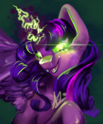 Size: 2500x3000 | Tagged: dead source, safe, artist:thewickedvix, twilight sparkle, alicorn, pony, g4, atg 2019, corrupted twilight sparkle, dark magic, evil, female, glowing eyes, glowing horn, grin, high res, horn, magic, newbie artist training grounds, smiling, solo, sombra eyes, twilight sparkle (alicorn)