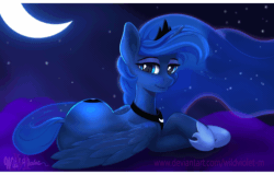 Size: 1280x820 | Tagged: safe, artist:wildviolet-m, princess luna, alicorn, pony, g4, animated, blinking, cloud, crescent moon, crossed hooves, cute, ear fluff, ethereal mane, female, gif, jewelry, lidded eyes, looking at you, mare, moon, night, prone, regalia, smiling, starry mane, stars