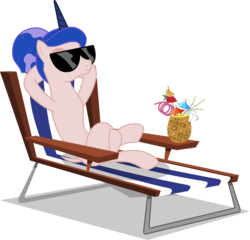 Size: 2162x2079 | Tagged: safe, artist:sonofaskywalker, edit, editor:slayerbvc, vector edit, princess luna, alicorn, pony, between dark and dawn, g4, beach chair, belly, chair, concave belly, crazy straw, crossed legs, drink, female, furless, furless edit, high res, hooves behind head, mare, nude edit, nudity, ponytail, relaxing, shaved, shaved tail, simple background, slender, solo, sunglasses, thin, transparent background, vector