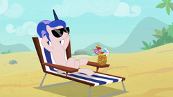 Size: 1920x1080 | Tagged: safe, artist:sonofaskywalker, edit, edited screencap, editor:slayerbvc, screencap, princess luna, alicorn, pony, between dark and dawn, g4, alternate hairstyle, bare hooves, beach, beach chair, chair, crazy straw, crossed legs, drink, eyes closed, female, furless, furless edit, hooves behind head, mare, nude edit, nudity, ponytail, reclining, relaxing, shaved, shaved tail, solo, sunglasses, this will end in pain, we don't normally wear clothes