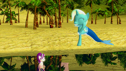 Size: 1280x720 | Tagged: safe, artist:fullmoonrose7, artist:stefano96, starlight glimmer, trixie, mermaid, pony, g4, 3d, mermaidized, palm tree, species swap, spell gone wrong, tree