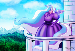 Size: 2399x1633 | Tagged: safe, artist:cylenx, diamond tiara, princess celestia, alicorn, anthro, adult, age progression, alicornified, balcony, big breasts, breasts, busty diamond tiara, clothes, dress, ethereal mane, female, fusion, gown, huge breasts, impossibly large breasts, poofy shoulders, race swap, solo, tiaracorn