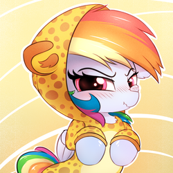 Size: 3000x3000 | Tagged: safe, artist:heavymetalbronyyeah, rainbow dash, cheetah, pegasus, pony, g4, angry, animal costume, blushing, clothes, costume, cute, daaaaaaaaaaaw, dashabetes, embarrassed, female, high res, hnnng, kigurumi, looking at you, scrunchy face, solo, tsunderainbow, tsundere, weapons-grade cute