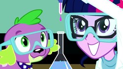 Size: 1280x720 | Tagged: safe, screencap, sci-twi, spike, spike the regular dog, twilight sparkle, dog, epic fails, equestria girls, g4, my little pony equestria girls: summertime shorts, chemistry, excited, experiment, female, flask, glasses, male, smiling, spike's dog collar