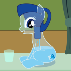 Size: 1791x1781 | Tagged: safe, artist:badumsquish, derpibooru exclusive, oc, oc only, oc:britaney, object pony, original species, pony, brita, brita pony, counter, curtains, female, glass, handle, jug, looking back, ponified, sitting, smiling, solo, water, water filter, water filter pony