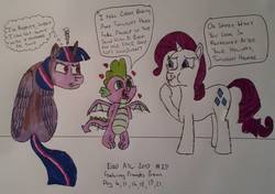 Size: 1505x1057 | Tagged: safe, artist:rapidsnap, rarity, spike, twilight sparkle, alicorn, dragon, pony, g4, sunburn, traditional art, twilight sparkle (alicorn), winged spike, wings