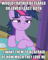 Size: 621x768 | Tagged: safe, edit, edited screencap, screencap, twilight sparkle, alicorn, pony, a trivial pursuit, g4, caption, cropped, fear, female, image macro, lidded eyes, love, messy mane, niccolò machiavelli, solo, text, the office, the prince, twilight sparkle (alicorn)