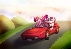 Size: 1163x800 | Tagged: safe, artist:cabbage-arts, princess cadance, princess flurry heart, shining armor, alicorn, pony, unicorn, g4, car, cute, driving, duo, female, ferrari, ferrari 308, male, mare, royal family, stallion