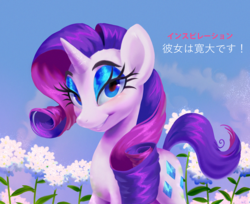 Size: 1834x1500 | Tagged: safe, artist:littmosa, rarity, pony, unicorn, g4, female, flower, inspiration, japanese, looking at you, mare, sky, solo