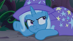 Size: 1920x1080 | Tagged: safe, screencap, trixie, pony, unicorn, g4, student counsel, cape, clothes, female, frown, hat, mare, solo, trixie is not amused, trixie's cape, trixie's hat, unamused