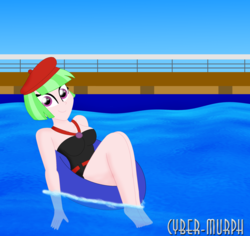Size: 2312x2187 | Tagged: safe, artist:cyber-murph, drama letter, watermelody, equestria girls, equestria girls specials, g4, my little pony equestria girls: better together, my little pony equestria girls: spring breakdown, background human, beret, breasts, busty watermelody, cleavage, clothes, feet, hat, high res, inner tube, one-piece swimsuit, relaxing, smiling, swimming pool, swimsuit, thighs