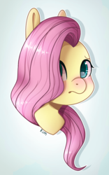 Size: 1600x2572 | Tagged: safe, artist:kimjimisarty, fluttershy, pony, g4, blushing, bust, female, looking at you, mare, outline, portrait, signature, solo, three quarter view, white outline
