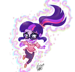 Size: 2330x2230 | Tagged: safe, artist:katrina hadley, artist:lunchie, sci-twi, twilight sparkle, equestria girls, g4, chibi, clothes, female, glasses, high res, magic, official fan art, open mouth, pants, signature, simple background, solo, white background