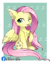 Size: 1235x1554 | Tagged: safe, artist:aleurajan, fluttershy, pegasus, pony, :p, abstract background, chest fluff, cute, ear fluff, female, fluffy, looking at you, mare, music notes, one eye closed, one wing out, open mouth, raised hoof, shyabetes, singing, sitting, smiling, solo, spread wings, three quarter view, tongue out, wings, wink