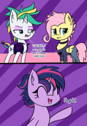 Size: 1400x2036 | Tagged: safe, artist:artiks, fluttershy, rarity, twilight sparkle, pegasus, pony, equestria girls, g4, it isn't the mane thing about you, my little pony equestria girls: better together, the road less scheduled, the road less scheduled: fluttershy, 2 panel comic, alternate hairstyle, blushing, choker, clothes, comic, darling, dialogue, equestria girls outfit, eyes closed, eyeshadow, female, flutterpunk, jacket, lipstick, makeup, mare, metalshy, punk, punklight sparkle, raripunk