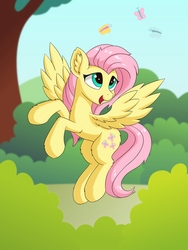 Size: 3000x4000 | Tagged: safe, artist:mercurysparkle, fluttershy, butterfly, pegasus, pony, g4, bush, cute, ear fluff, female, flying, looking at something, looking up, mare, open mouth, outdoors, shyabetes, smiling, solo, spread wings, three quarter view, turned head, wings