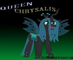 Size: 800x657 | Tagged: safe, artist:cyber-murph, queen chrysalis, changeling, changeling queen, g4, carapace, chitin, crown, female, horn, jewelry, regalia, solo, text, wings