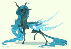 Size: 2762x1895 | Tagged: safe, artist:marbola, queen chrysalis, changeling, changeling queen, g4, concave belly, crown, fangs, female, jewelry, large wings, long mane, long tail, raised hoof, regalia, solo, tail, thin, thin legs, wings