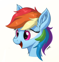 Size: 1947x2016 | Tagged: safe, artist:mercurysparkle, rainbow dash, pony, g4, bust, ear fluff, female, looking at something, looking away, mare, open mouth, portrait, simple background, smiling, solo, three quarter view, white background