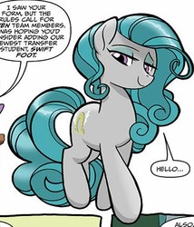 Size: 352x411 | Tagged: safe, artist:tonyfleecs, idw, official comic, swift foot, earth pony, pony, thracian, g4, spoiler:comic, spoiler:comicfeatsoffriendship01, beautiful, cropped, cutie mark, female, hooves, lidded eyes, mare, offscreen character, smiling, solo, speech bubble