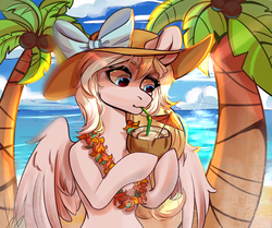 Size: 2000x1669 | Tagged: safe, artist:verashelenberg, oc, oc only, oc:bay breeze, pegasus, pony, beach, belly, bow, coconut cup, concave belly, drink, drinking, drinking straw, female, hat, hoof hold, lei, mare, palm tree, partially open wings, slender, thin, tree, wings, ych result