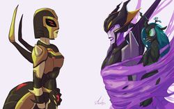 Size: 1280x806 | Tagged: safe, artist:grissaecrim, queen chrysalis, changeling, changeling queen, g4, airachnid, angry, beast wars, blackarachnia, captured, crossover, female, spider web, sticky, transformers, transformers animated, transformers prime, trio