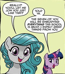 Size: 272x309 | Tagged: safe, artist:tonyfleecs, idw, official comic, swift foot, twilight sparkle, alicorn, pony, thracian, g4, spoiler:comic, spoiler:comicfeatsoffriendship01, cute, duo, female, mare, simple background, smiling, speech bubble, twilight sparkle (alicorn), yellow background