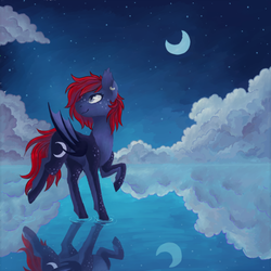 Size: 540x540 | Tagged: safe, artist:flaming-trash-can, oc, bat pony, pony, bat pony oc, cloud, crescent moon, moon, night, night sky background, sky, ych result