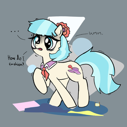 Size: 1700x1700 | Tagged: safe, artist:majupaju, coco pommel, earth pony, pony, g4, abstract background, bags under eyes, female, mare, overworking, question, raised hoof, solo, stressed, tired, twitching