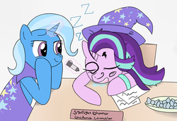 Size: 1600x1100 | Tagged: safe, artist:majupaju, starlight glimmer, trixie, pony, unicorn, g4, accessory swap, bracelet, cape, clothes, drool, face doodle, female, guidance counselor, hat, jewelry, levitation, magic, magic aura, mare, marker, onomatopoeia, paper, prank, sleeping, sound effects, telekinesis, this will end in pain, trixie's cape, trixie's hat, zzz
