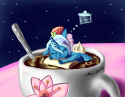 Size: 1800x1400 | Tagged: safe, artist:maw-chans2, oc, oc:fleurbelle, alicorn, pony, adorabelle, alicorn oc, bow, coffee, coffee cup, cream, cup, cup of pony, cute, dream, food, hair bow, marshmallow, micro, night, sleeping, spoon, stars, strawberry