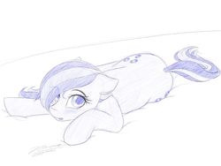 Size: 1024x768 | Tagged: safe, artist:novaintellus, marble pie, earth pony, pony, g4, atg 2019, blushing, female, floppy ears, looking at you, lying down, mare, monochrome, newbie artist training grounds, solo
