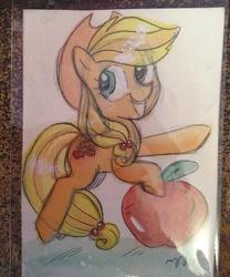 Size: 600x722 | Tagged: safe, artist:marybellamy, applejack, earth pony, pony, g4, apple, cowboy hat, female, food, hat, mare, mixed media, pencil drawing, smiling, solo, traditional art, watercolor painting