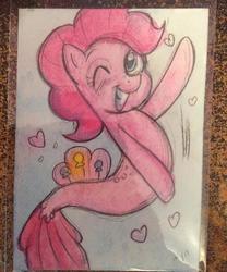 Size: 600x722 | Tagged: safe, artist:marybellamy, pinkie pie, seapony (g4), g4, cute, diapinkes, female, heart, mixed media, one eye closed, pencil drawing, seaponified, seapony pinkie pie, signature, smiling, solo, species swap, traditional art, underwater, watercolor painting, waving, wink