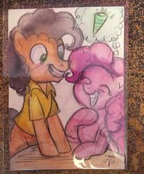 Size: 600x722 | Tagged: safe, artist:marybellamy, cheese sandwich, pinkie pie, earth pony, pony, g4, duo, hat, mixed media, party hat, pencil drawing, smiling, thought bubble, traditional art, watercolor painting