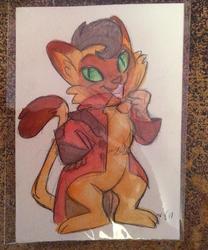 Size: 600x722 | Tagged: safe, artist:marybellamy, capper dapperpaws, abyssinian, cat, anthro, g4, my little pony: the movie, chest fluff, chibi, clothes, coat, looking at you, male, mixed media, painting, pencil drawing, smiling, solo, traditional art, watercolor painting