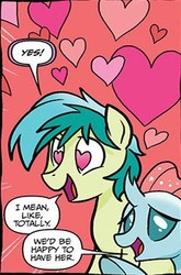 Size: 240x364 | Tagged: safe, artist:tony fleecs, idw, official comic, ocellus, sandbar, changedling, changeling, earth pony, pony, g4, spoiler:comic, spoiler:comicfeatsoffriendship01, female, heart, heart eyes, male, red background, simple background, speech bubble, stallion, wingding eyes