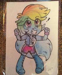 Size: 600x722 | Tagged: safe, artist:marybellamy, rainbow dash, equestria girls, g4, chibi, exclamation point, long hair, mixed media, pencil drawing, pigeon toed, pose, solo, traditional art, watercolor painting