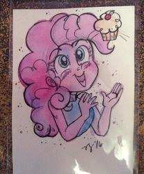 Size: 600x722 | Tagged: safe, artist:marybellamy, pinkie pie, equestria girls, g4, cupcake, food, looking up, mixed media, pencil drawing, smiling, solo, traditional art, waist up, watercolor painting