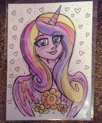 Size: 600x722 | Tagged: safe, artist:marybellamy, princess cadance, alicorn, human, g4, alicorn humanization, bust, female, flower, horn, horned humanization, humanized, looking at you, mixed media, pencil drawing, solo, traditional art, winged humanization, wings