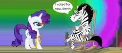 Size: 511x224 | Tagged: safe, rarity, pony, unicorn, zebra, g4, cup, female, glasses, mare, measuring tape, phineas and ferb, photoshop, psychedelic, rocking chair, speech bubble, text, tv reference, vote