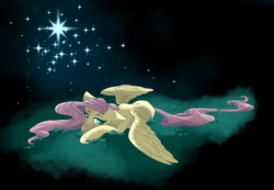 Size: 2000x1382 | Tagged: safe, artist:mysteriousshine, fluttershy, pegasus, pony, g4, female, grass, mare, night, solo, stars