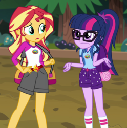 Size: 826x834 | Tagged: safe, screencap, sci-twi, sunset shimmer, twilight sparkle, equestria girls, g4, my little pony equestria girls: legend of everfree, backpack, camp everfree outfits, cropped, duo, female, forest, luggage, raised eyebrow, shrug