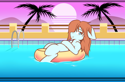 Size: 3165x2077 | Tagged: safe, artist:chaosmauser, oc, oc only, oc:chaosmauser, pony, vampony, aesthetics, floaty, high res, palm tree, solo, summer, swimming pool, tree, vaporwave