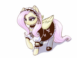 Size: 1600x1200 | Tagged: safe, artist:noupie, fluttershy, pegasus, pony, g4, clothes, female, fluttermaid, maid, maid headdress, mare, raised hoof, simple background, tail, white background, wings
