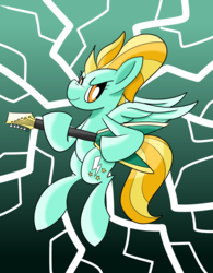 Size: 1500x1920 | Tagged: safe, artist:notadeliciouspotato, lightning dust, pegasus, pony, g4, abstract background, electric guitar, female, guitar, lightning, mare, musical instrument, solo, spread wings, wings